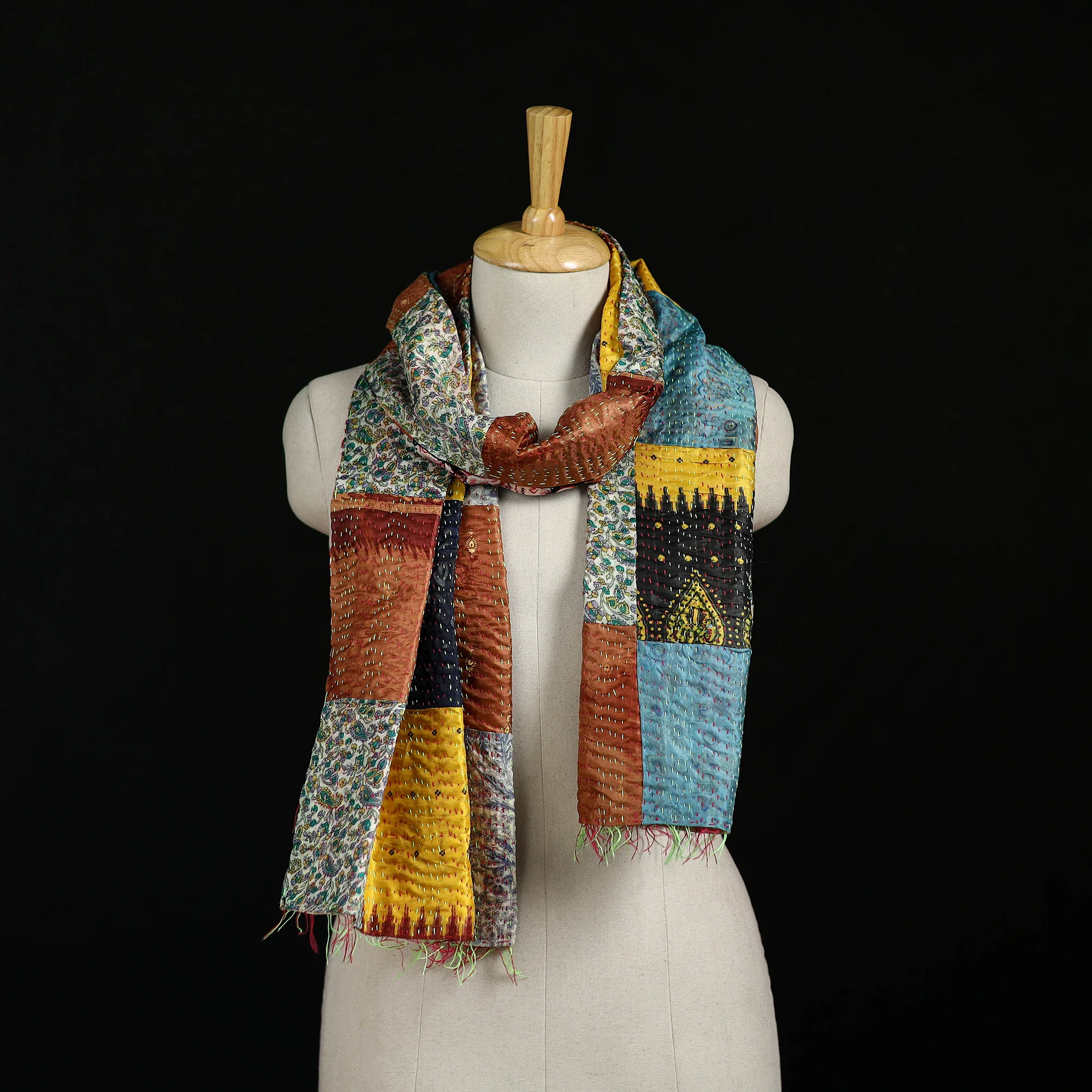 Bengal Kantha Handwork Patchwork Reversible Silk Stole 355