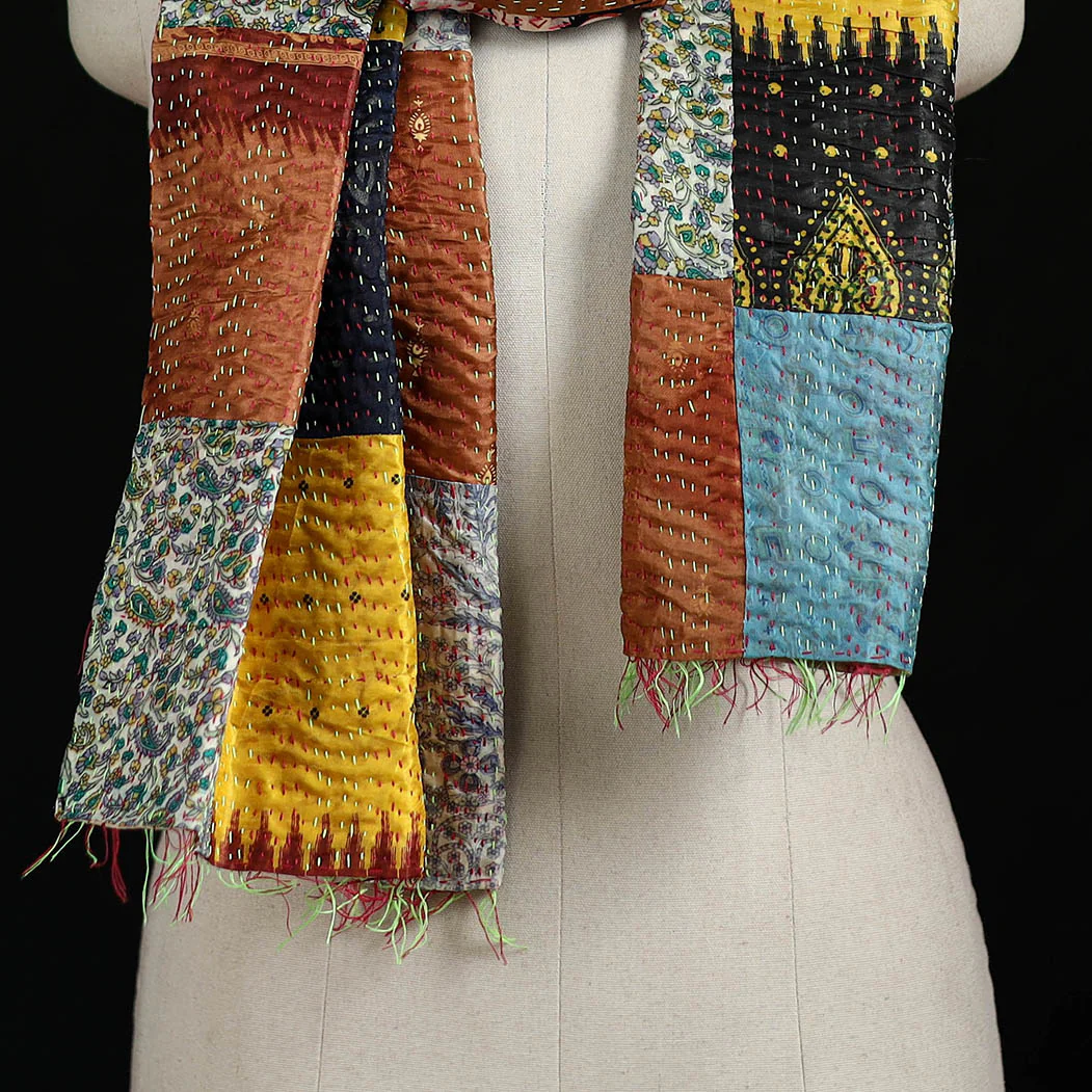 Bengal Kantha Handwork Patchwork Reversible Silk Stole 355 - Image 2