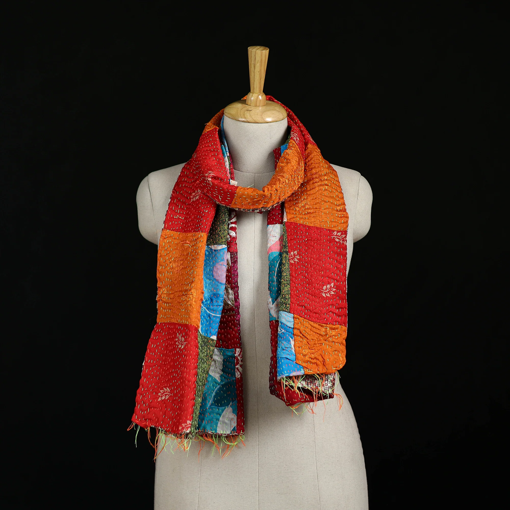 Bengal Kantha Handwork Patchwork Reversible Silk Stole 356