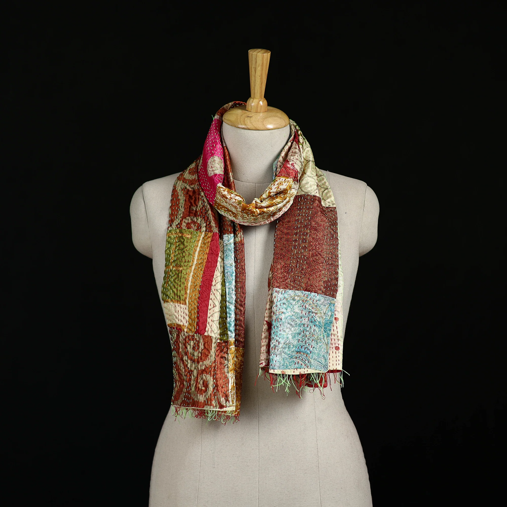 Bengal Kantha Handwork Patchwork Reversible Silk Stole 357