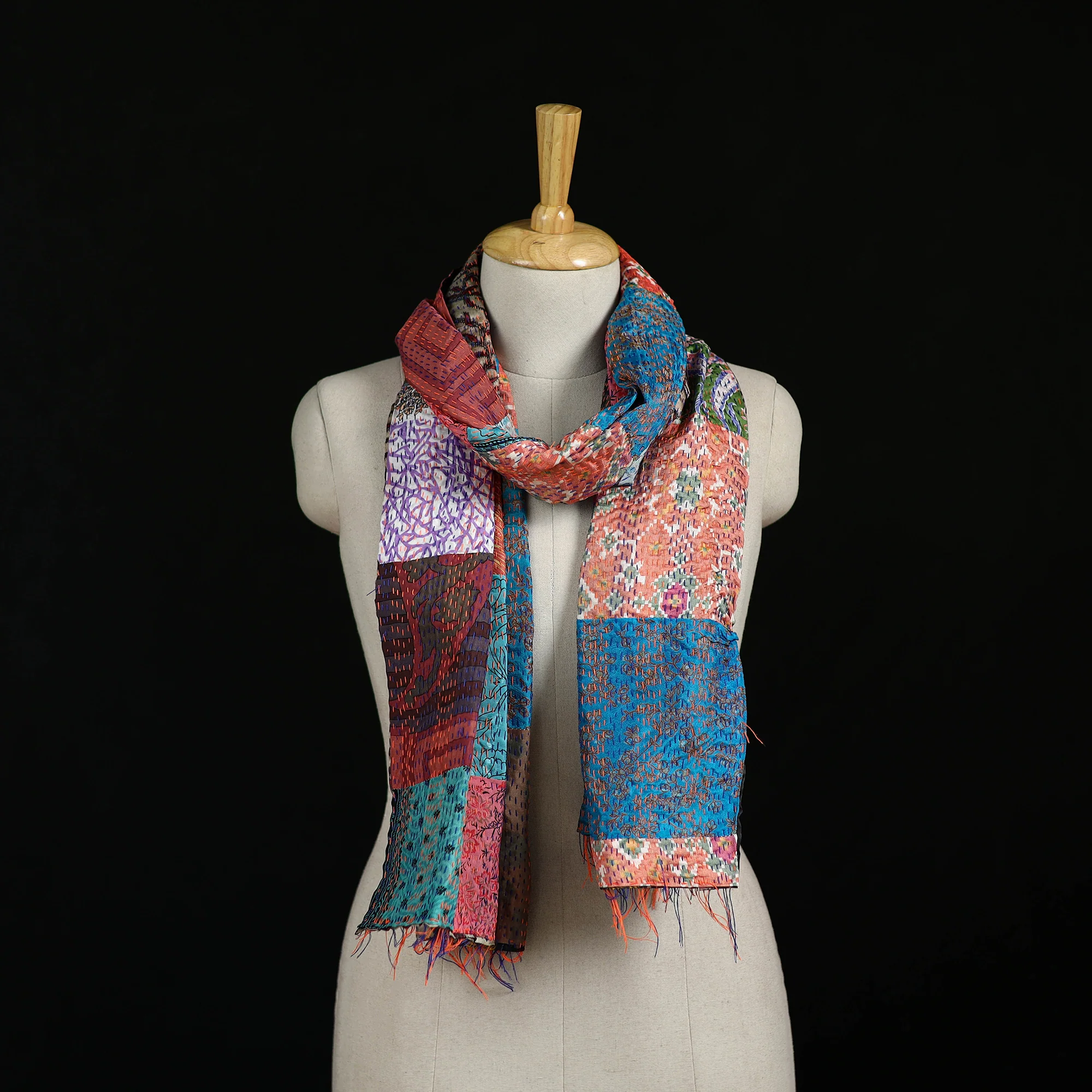 Bengal Kantha Handwork Patchwork Reversible Silk Stole 363