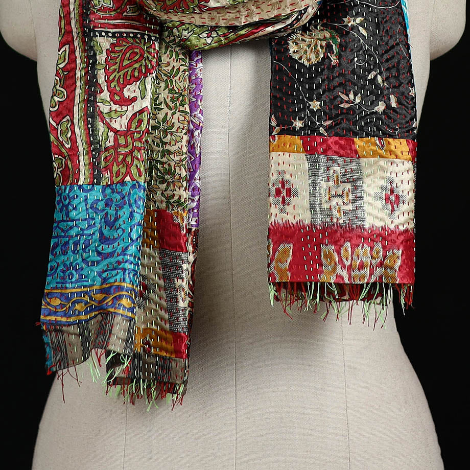 Bengal Kantha Handwork Patchwork Reversible Silk Stole 367 - Image 2