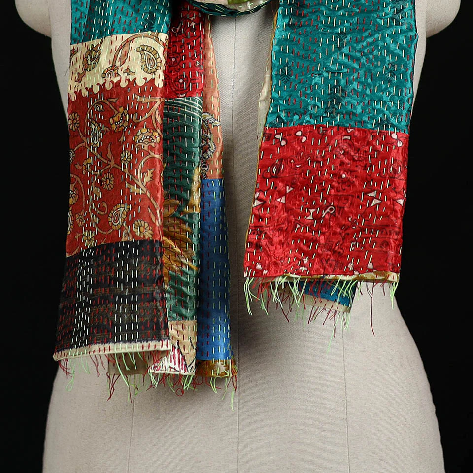 Bengal Kantha Handwork Patchwork Reversible Silk Stole 368 - Image 2
