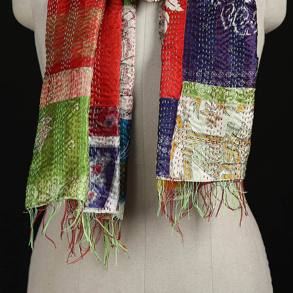 Bengal Kantha Handwork Patchwork Reversible Silk Stole 37 - Image 2