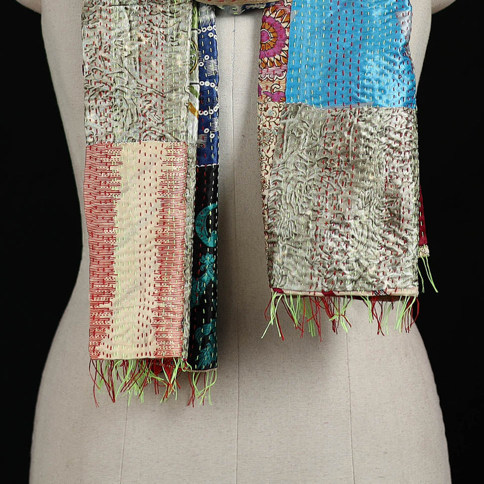 Bengal Kantha Handwork Patchwork Reversible Silk Stole 370 - Image 2