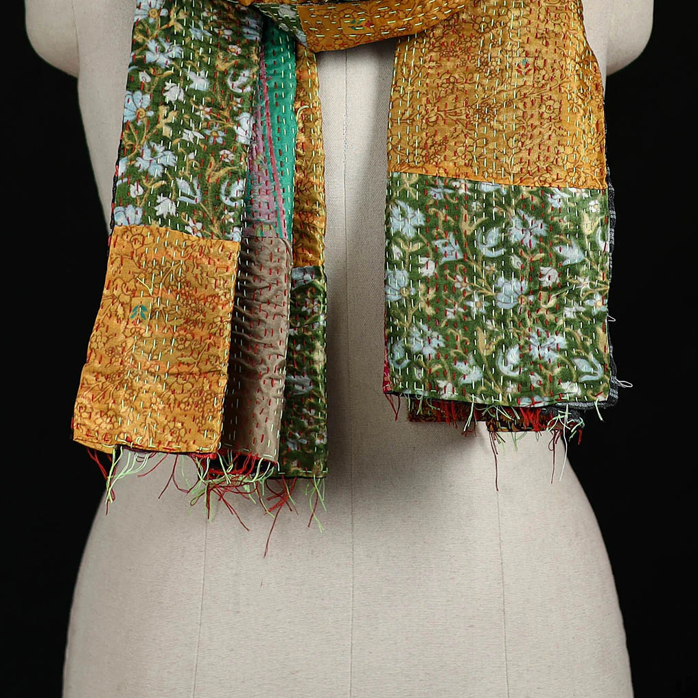 Bengal Kantha Handwork Patchwork Reversible Silk Stole 376 - Image 2