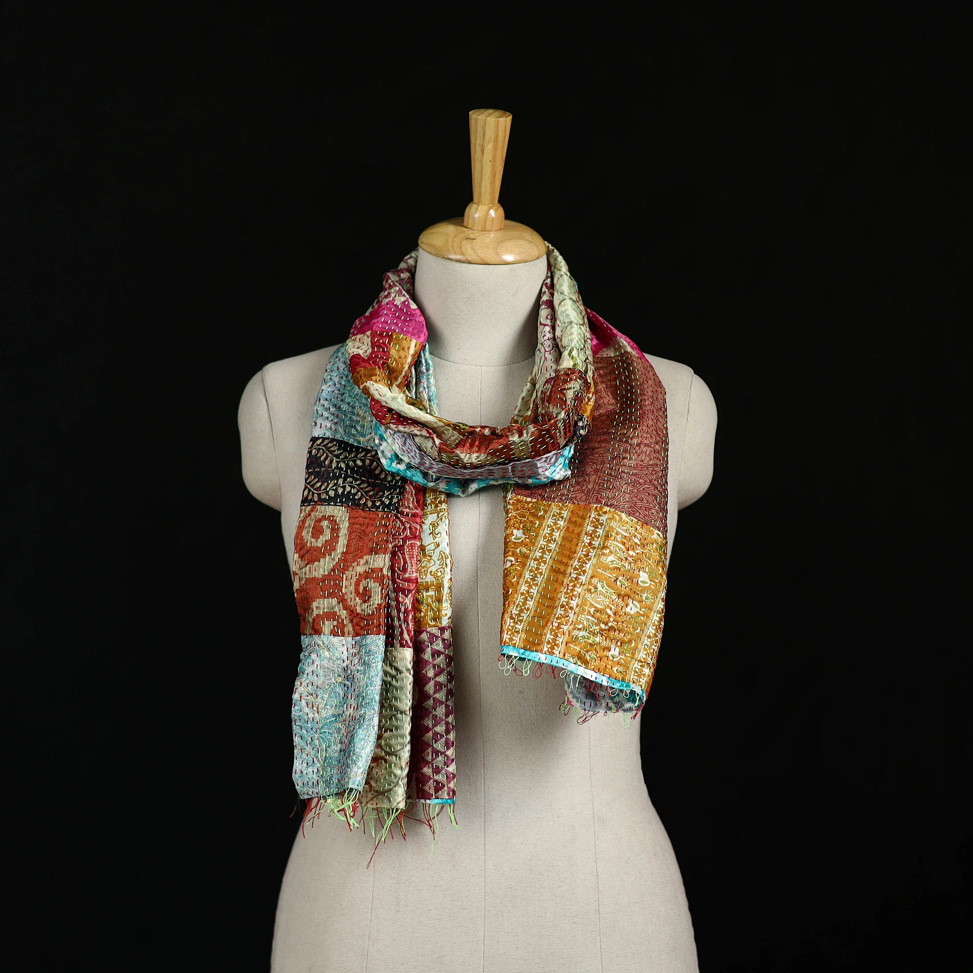 Bengal Kantha Handwork Patchwork Reversible Silk Stole 381
