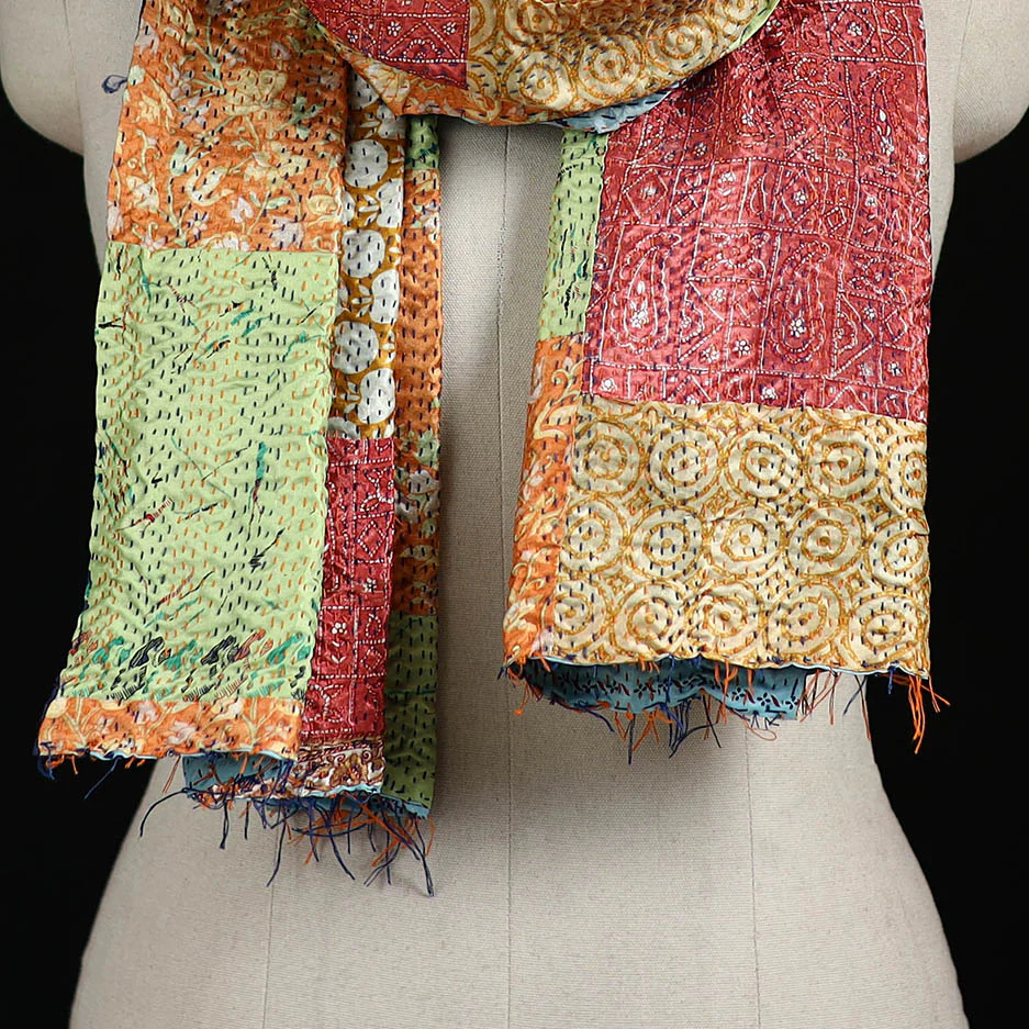 Bengal Kantha Handwork Patchwork Reversible Silk Stole 384 - Image 2