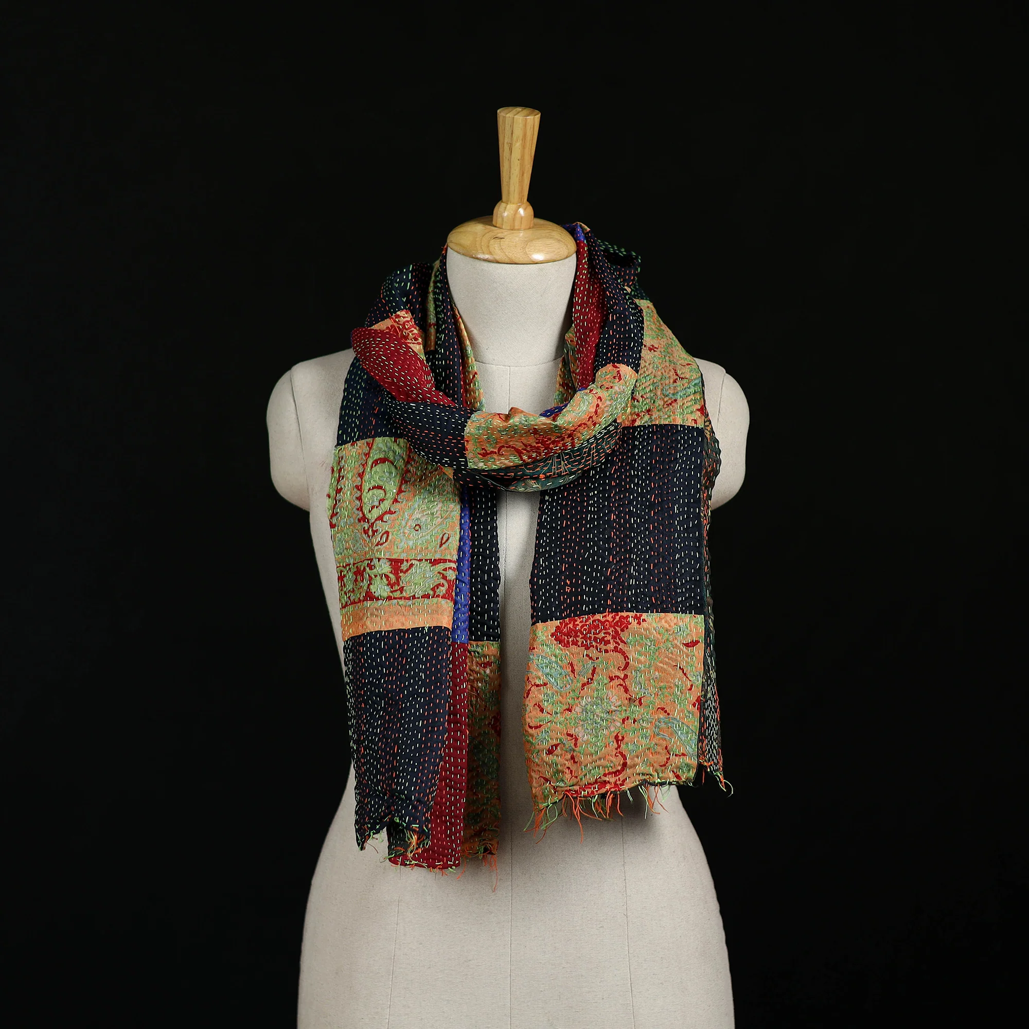 Bengal Kantha Handwork Patchwork Reversible Silk Stole 385
