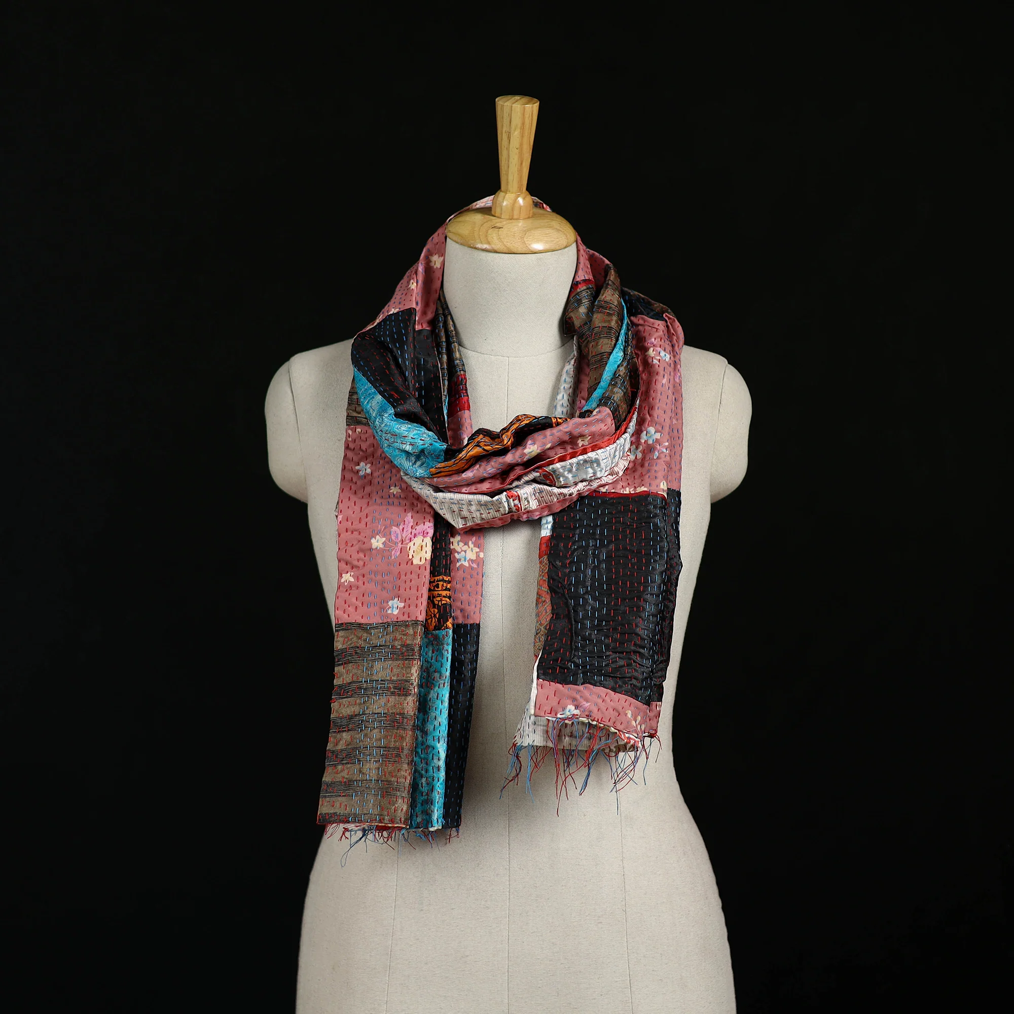 Bengal Kantha Handwork Patchwork Reversible Silk Stole 386