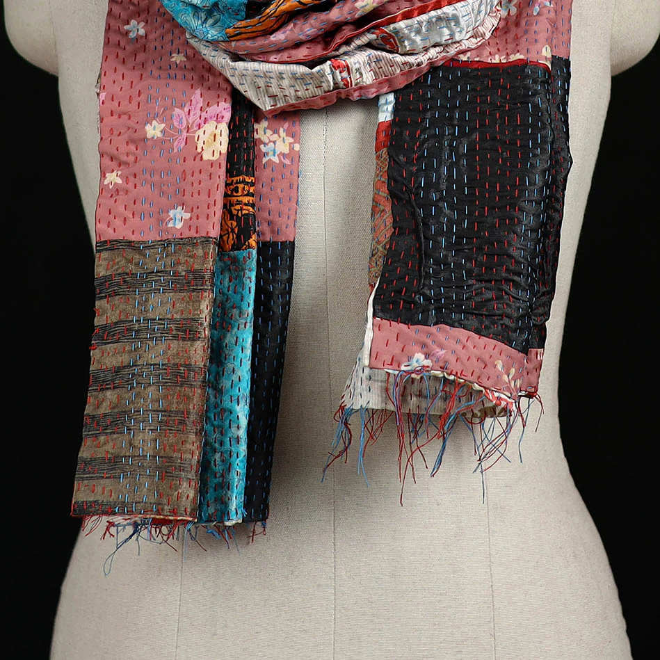 Bengal Kantha Handwork Patchwork Reversible Silk Stole 386 - Image 2