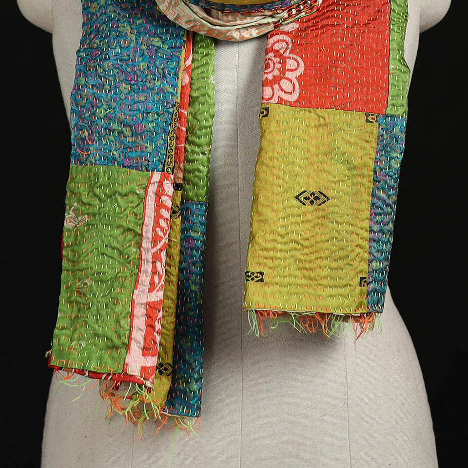 Bengal Kantha Handwork Patchwork Reversible Silk Stole 39 - Image 2