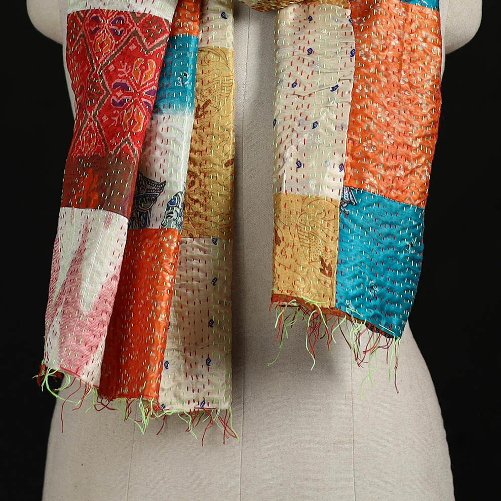Bengal Kantha Handwork Patchwork Reversible Silk Stole 40 - Image 2
