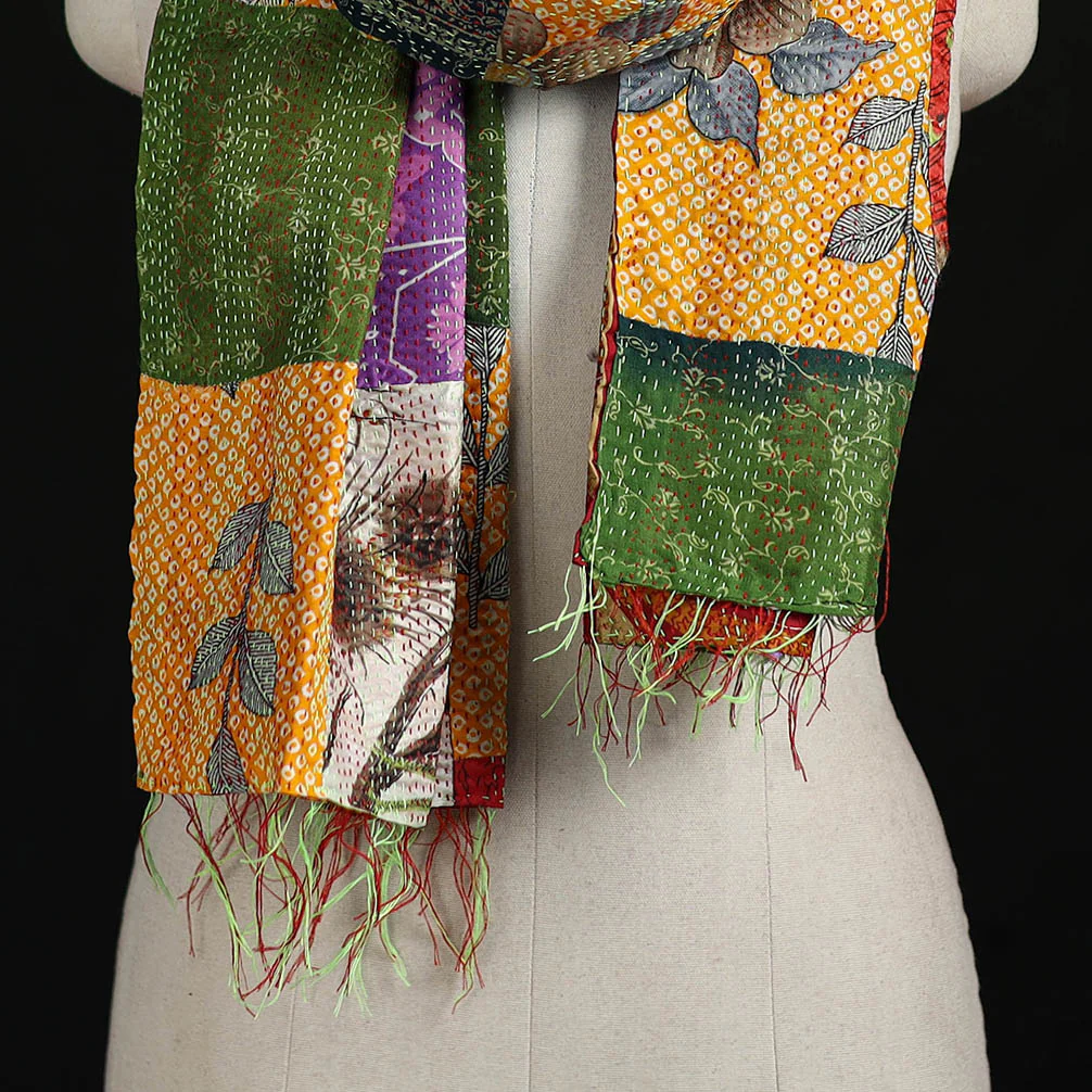 Bengal Kantha Handwork Patchwork Reversible Silk Stole 41 - Image 2