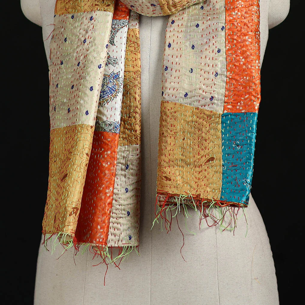 Bengal Kantha Handwork Patchwork Reversible Silk Stole 42 - Image 2