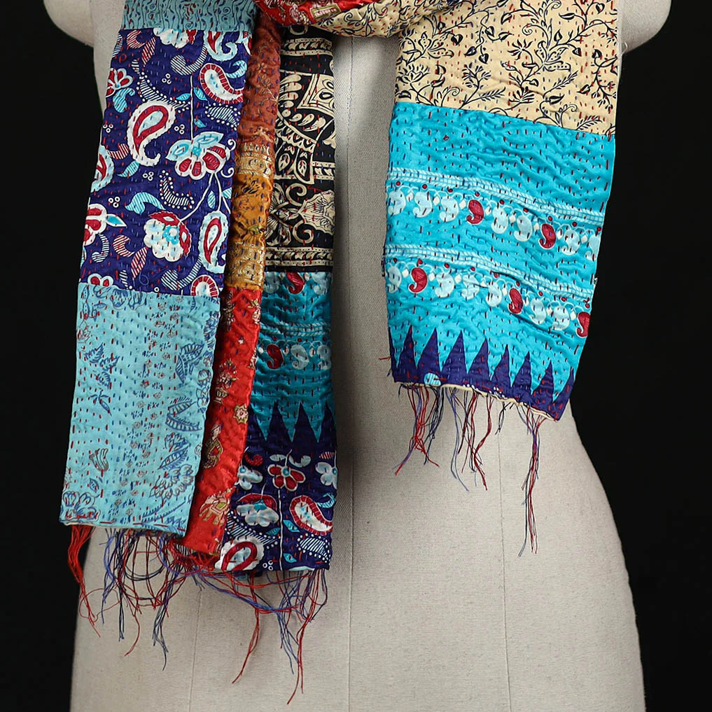 Bengal Kantha Handwork Patchwork Reversible Silk Stole 46 - Image 2