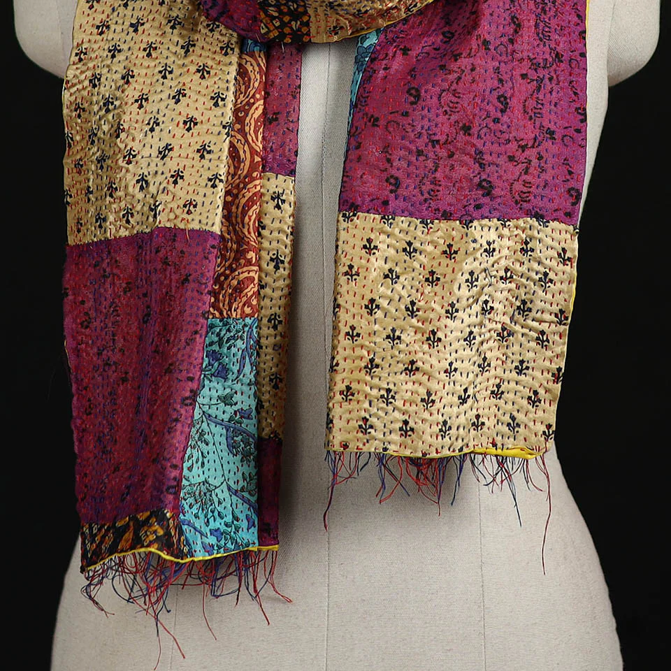 Bengal Kantha Handwork Patchwork Reversible Silk Stole 47 - Image 2