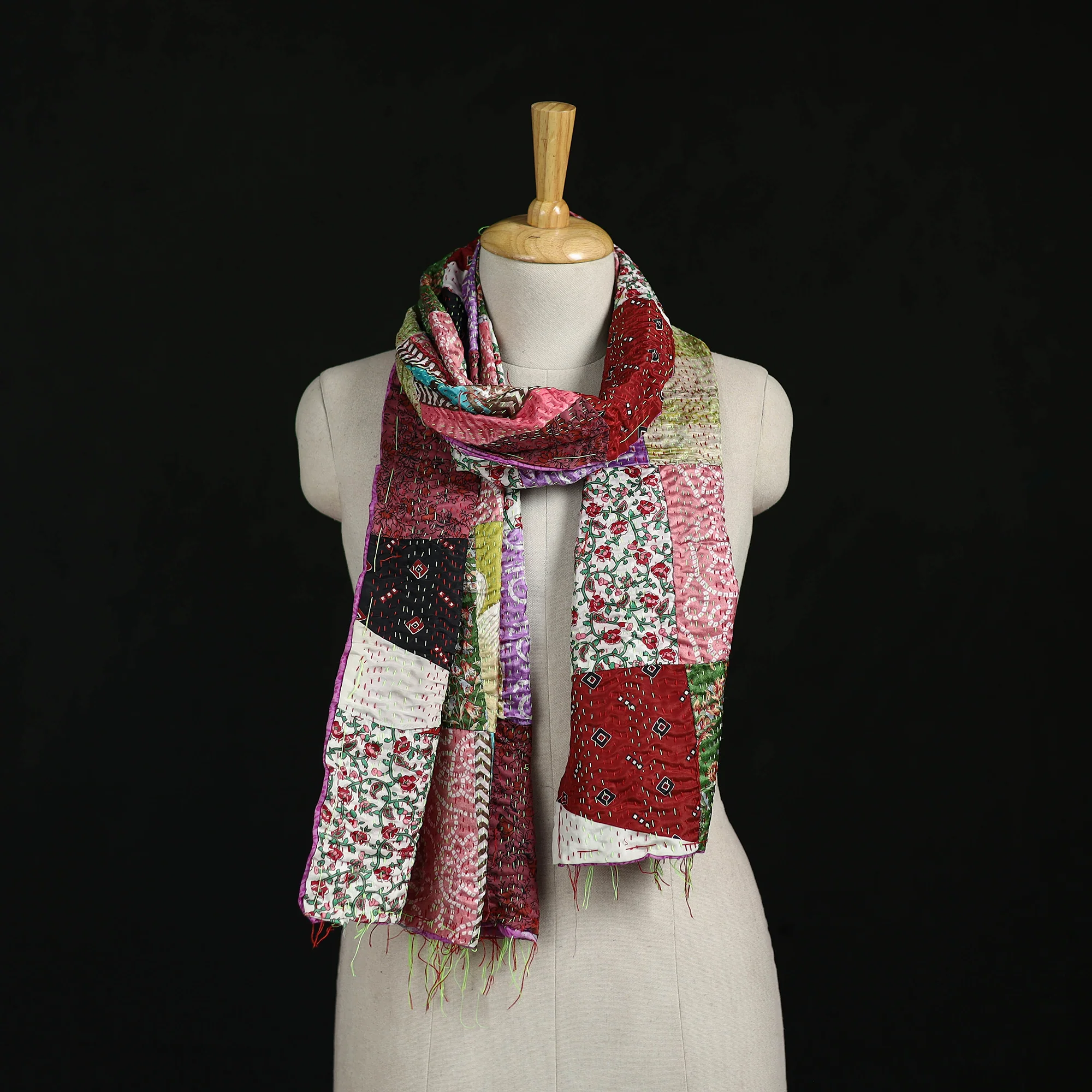 Bengal Kantha Handwork Patchwork Reversible Silk Stole 50