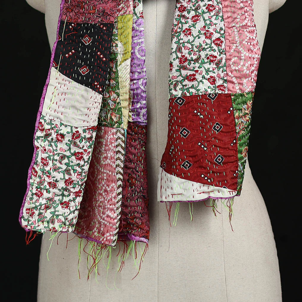 Bengal Kantha Handwork Patchwork Reversible Silk Stole 50 - Image 2