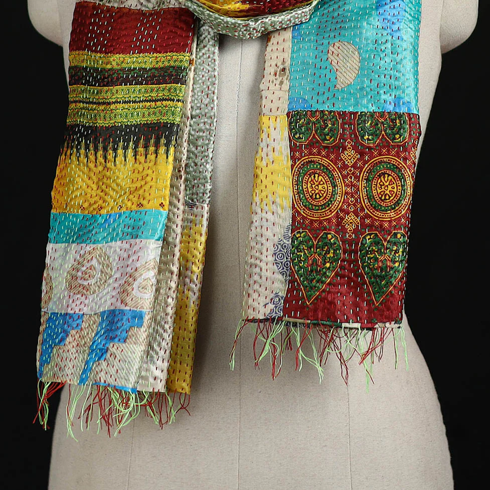 Bengal Kantha Handwork Patchwork Reversible Silk Stole 54 - Image 2