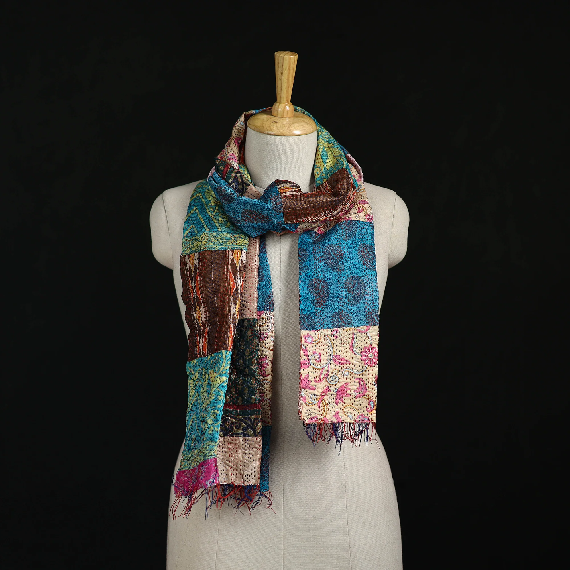 Bengal Kantha Handwork Patchwork Reversible Silk Stole 55