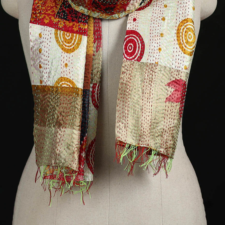 Bengal Kantha Handwork Patchwork Reversible Silk Stole 57 - Image 2