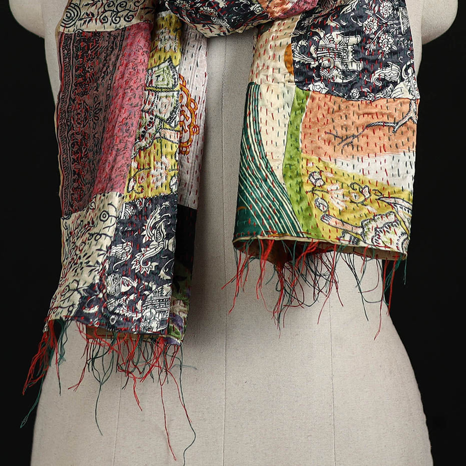 Bengal Kantha Handwork Patchwork Reversible Silk Stole 58 - Image 2