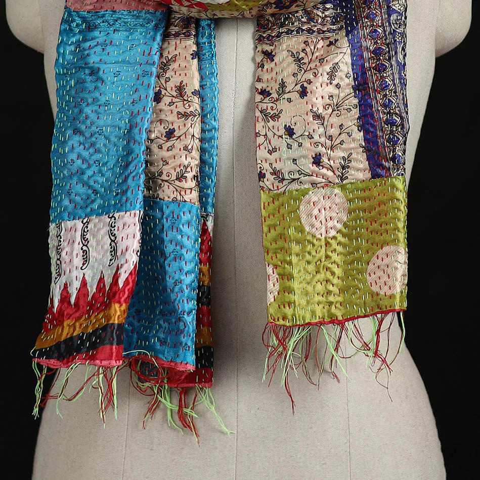 Bengal Kantha Handwork Patchwork Reversible Silk Stole 59 - Image 2