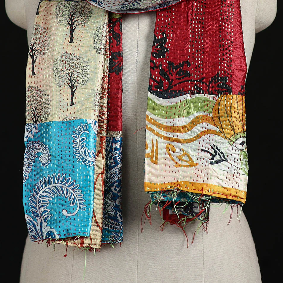 Bengal Kantha Handwork Patchwork Reversible Silk Stole 60 - Image 2