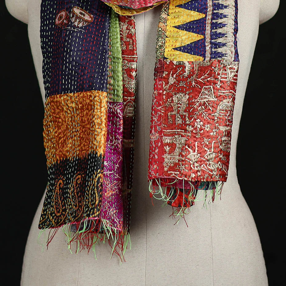 Bengal Kantha Handwork Patchwork Reversible Silk Stole 62 - Image 2