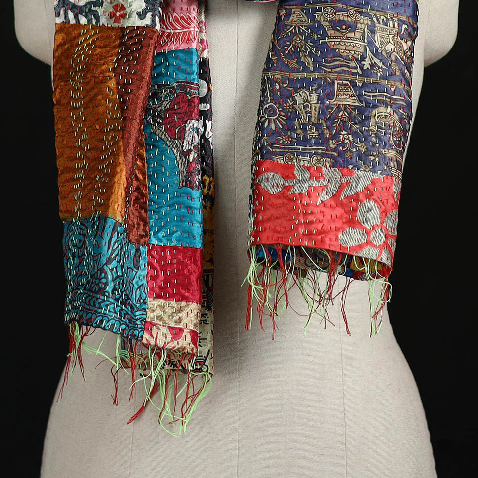 Bengal Kantha Handwork Patchwork Reversible Silk Stole 63 - Image 2