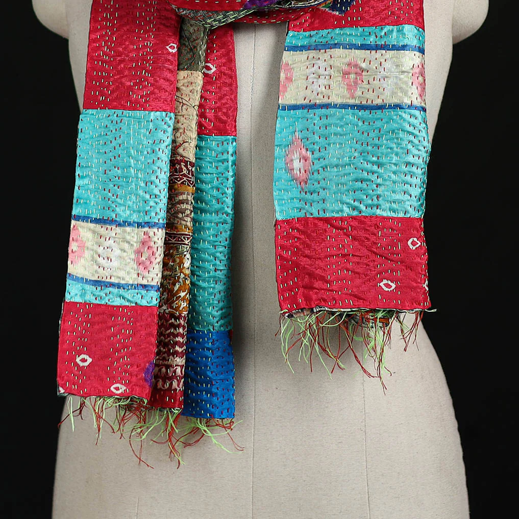 Bengal Kantha Handwork Patchwork Reversible Silk Stole 64 - Image 2