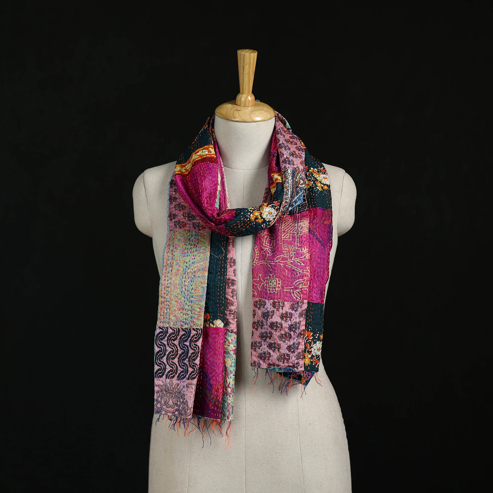 Bengal Kantha Handwork Patchwork Reversible Silk Stole 66