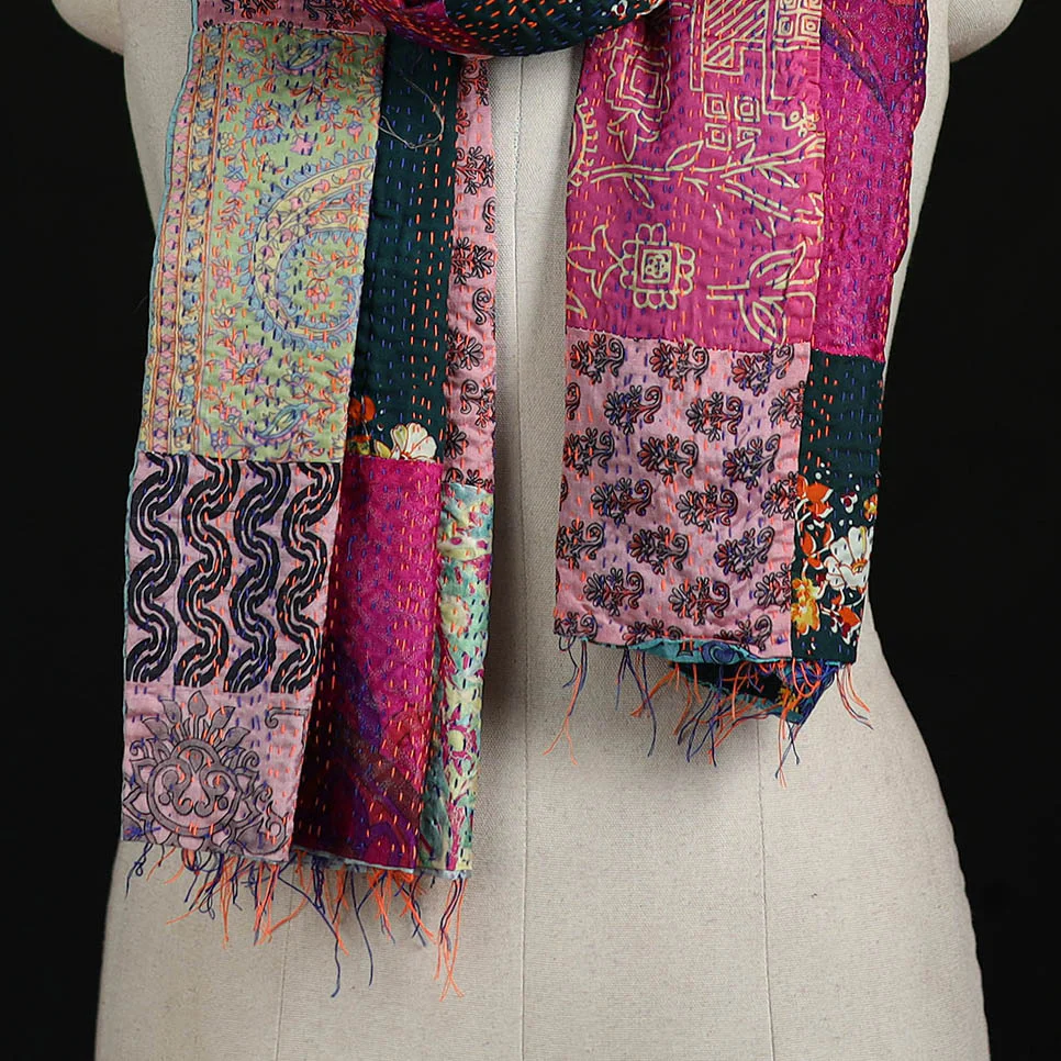 Bengal Kantha Handwork Patchwork Reversible Silk Stole 66 - Image 2