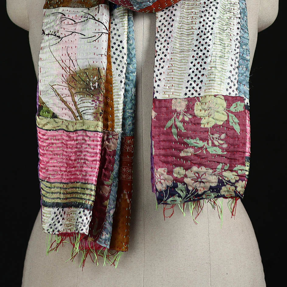 Bengal Kantha Handwork Patchwork Reversible Silk Stole 67 - Image 2