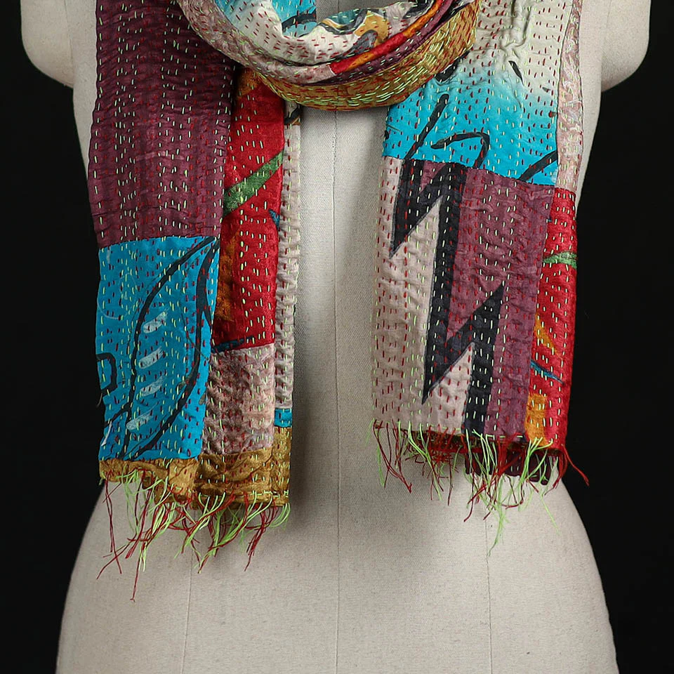 Bengal Kantha Handwork Patchwork Reversible Silk Stole 69 - Image 2