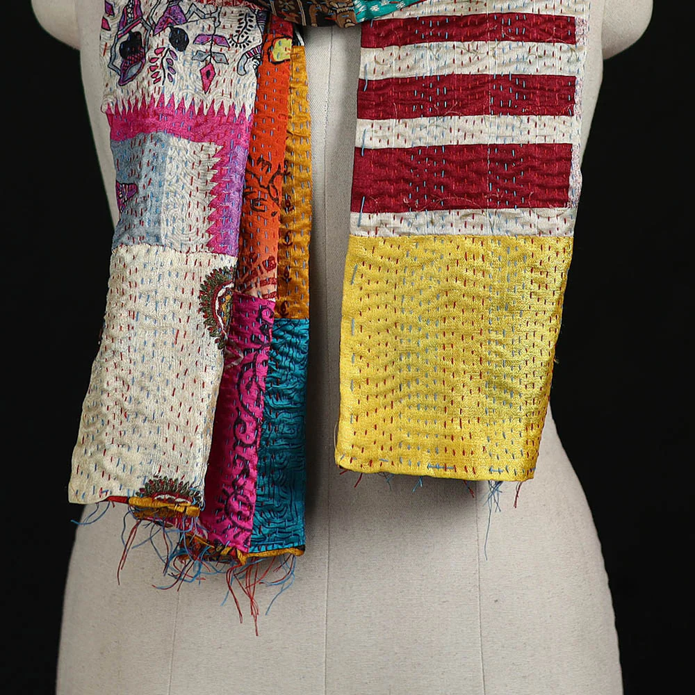 Bengal Kantha Handwork Patchwork Reversible Silk Stole 72 - Image 2