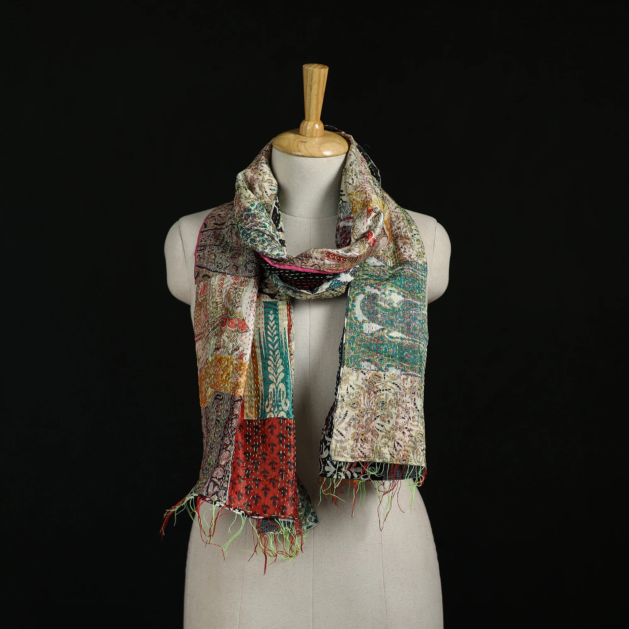 Bengal Kantha Handwork Patchwork Reversible Silk Stole 75