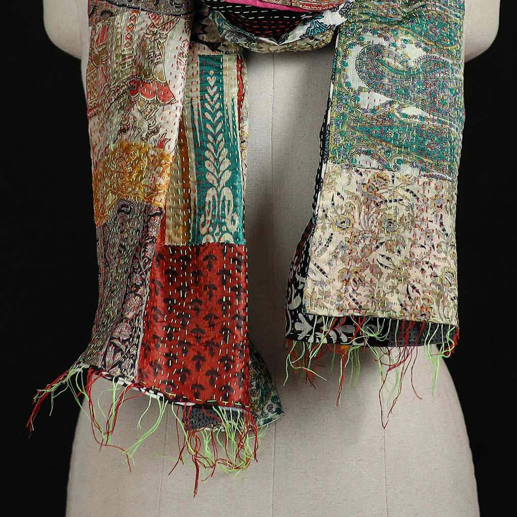 Bengal Kantha Handwork Patchwork Reversible Silk Stole 75 - Image 2