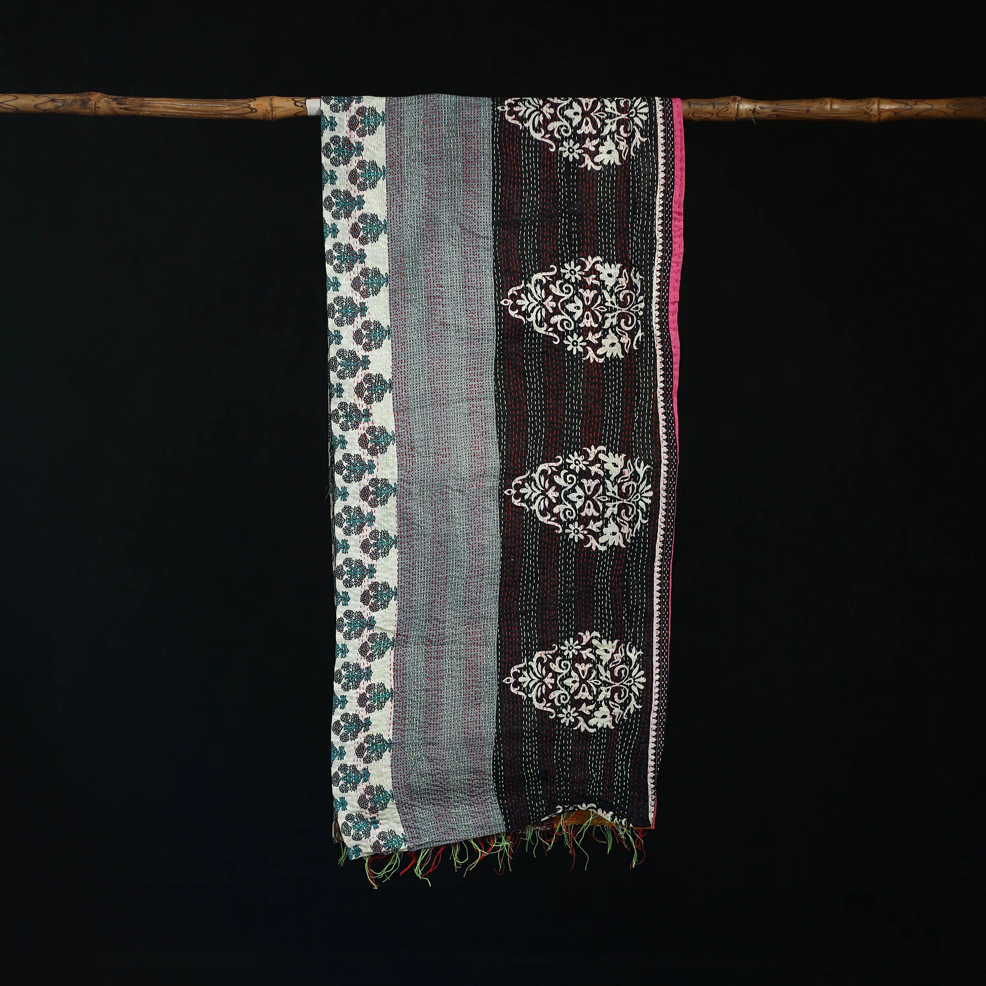 Bengal Kantha Handwork Patchwork Reversible Silk Stole 75 - Image 3