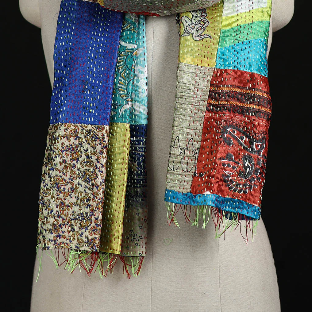 Bengal Kantha Handwork Patchwork Reversible Silk Stole 76 - Image 2