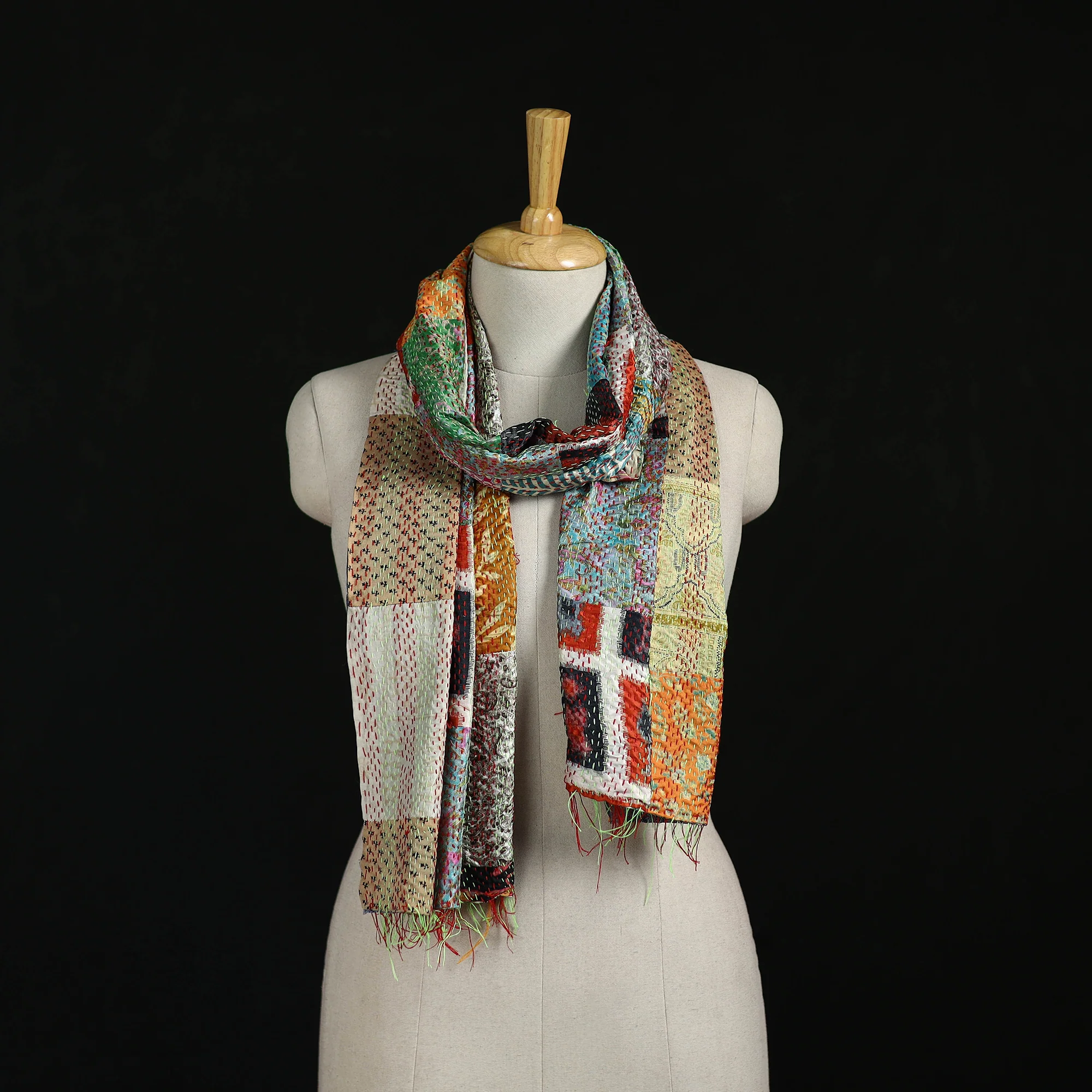 Bengal Kantha Handwork Patchwork Reversible Silk Stole 77