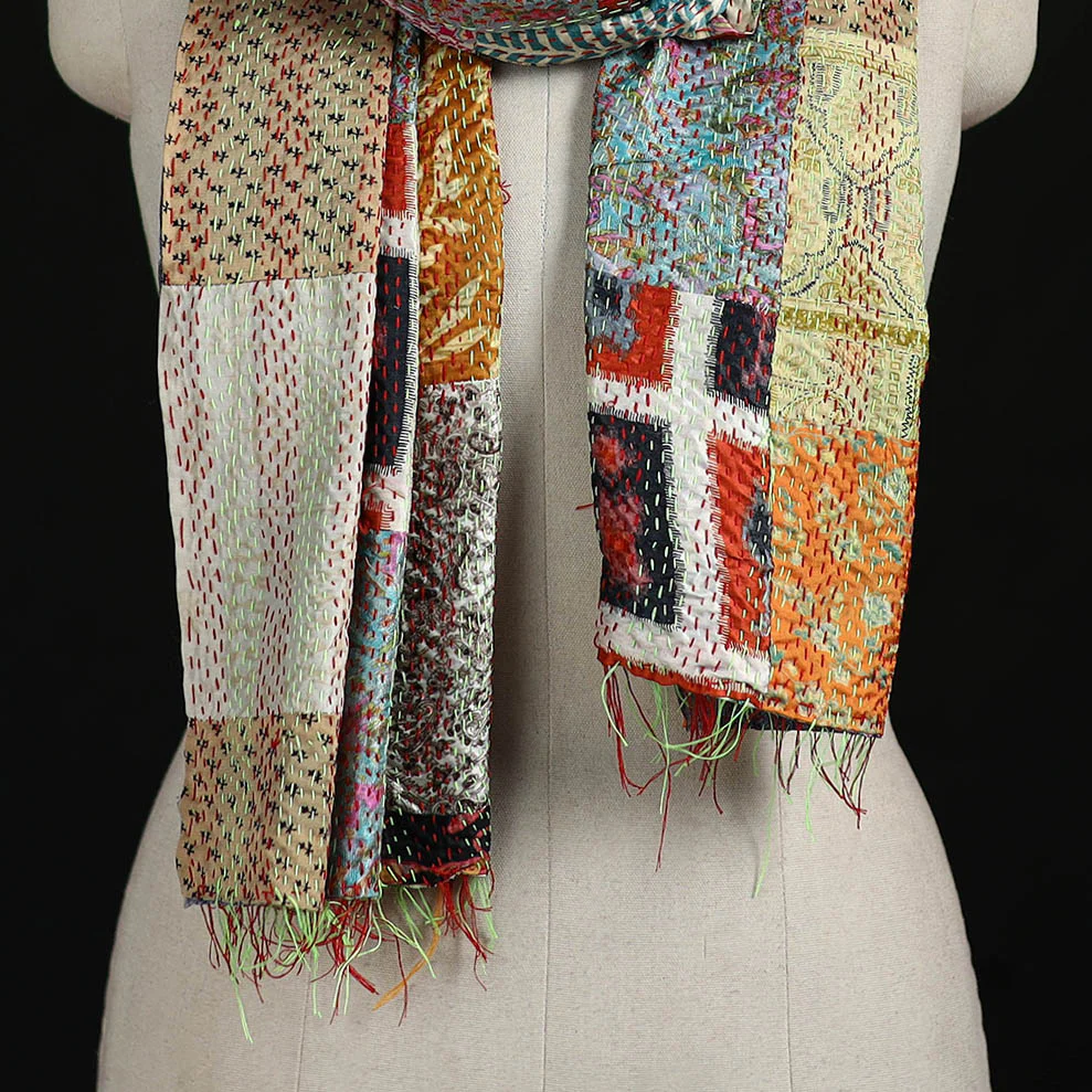 Bengal Kantha Handwork Patchwork Reversible Silk Stole 77 - Image 2