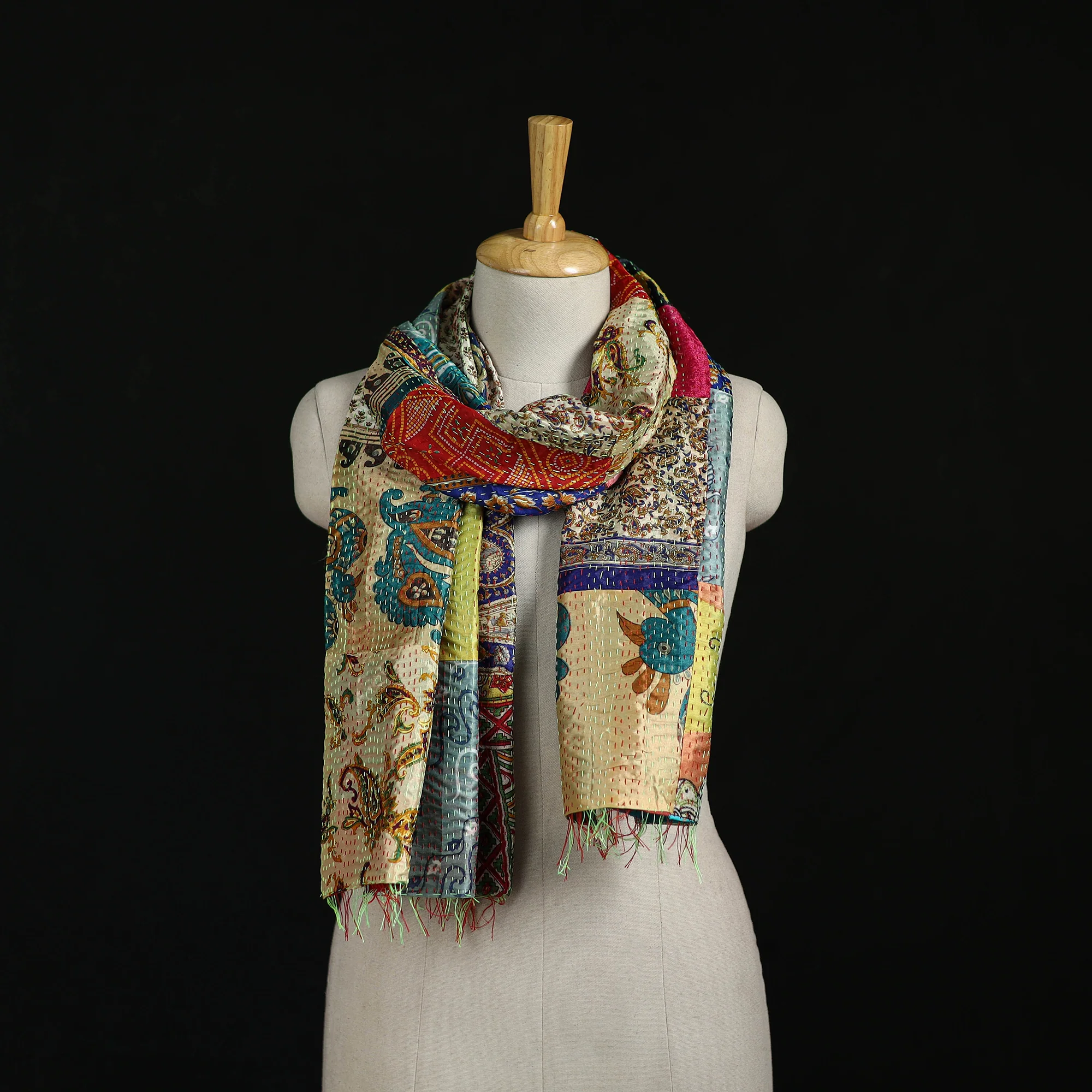 Bengal Kantha Handwork Patchwork Reversible Silk Stole 78