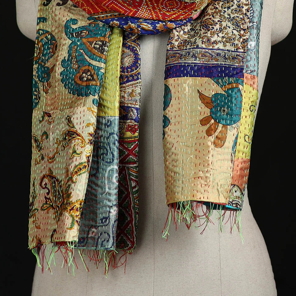Bengal Kantha Handwork Patchwork Reversible Silk Stole 78 - Image 2