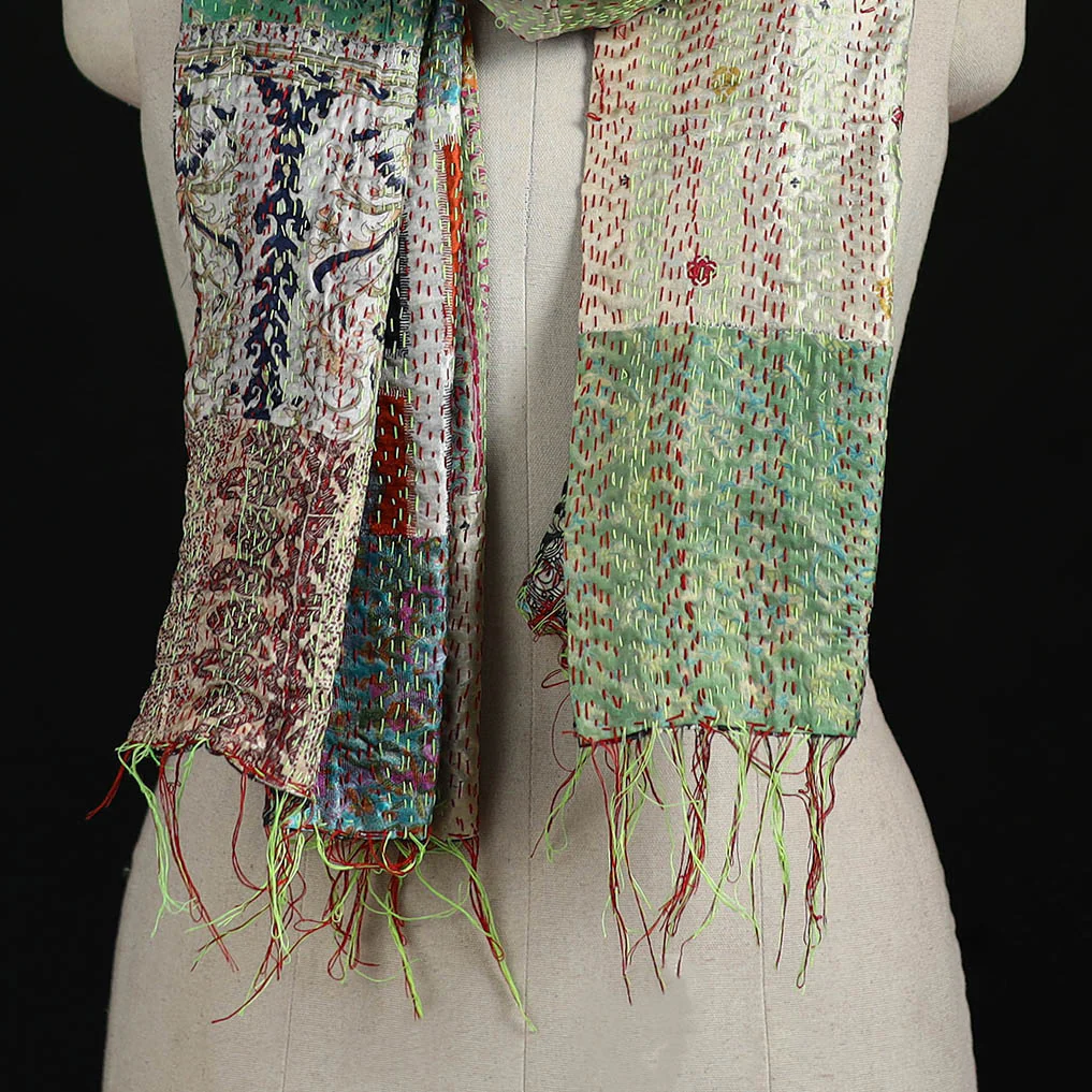 Bengal Kantha Handwork Patchwork Reversible Silk Stole 79 - Image 2