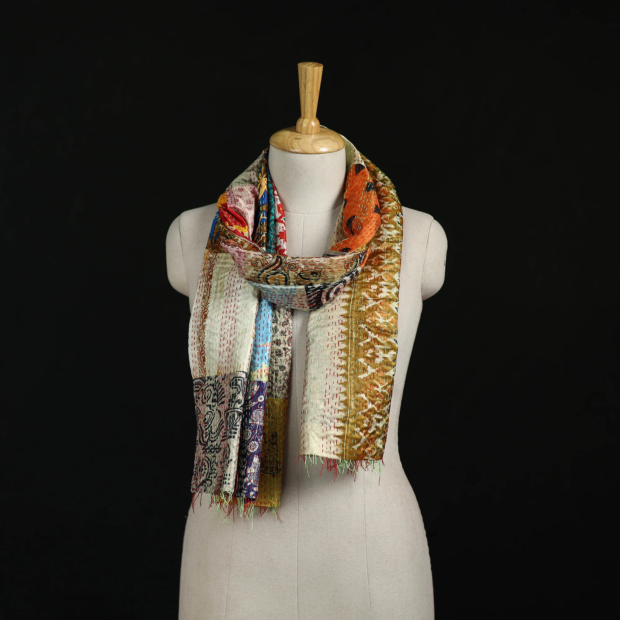 Bengal Kantha Handwork Patchwork Reversible Silk Stole 80
