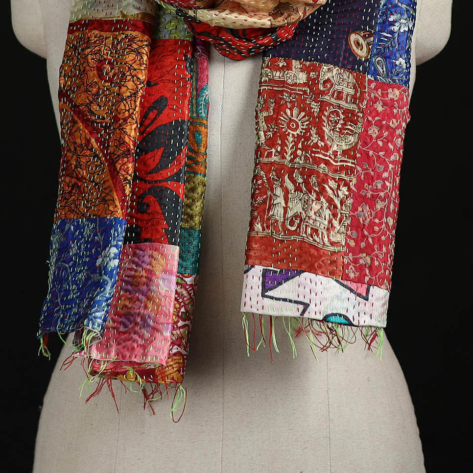 Bengal Kantha Handwork Patchwork Reversible Silk Stole 81 - Image 2