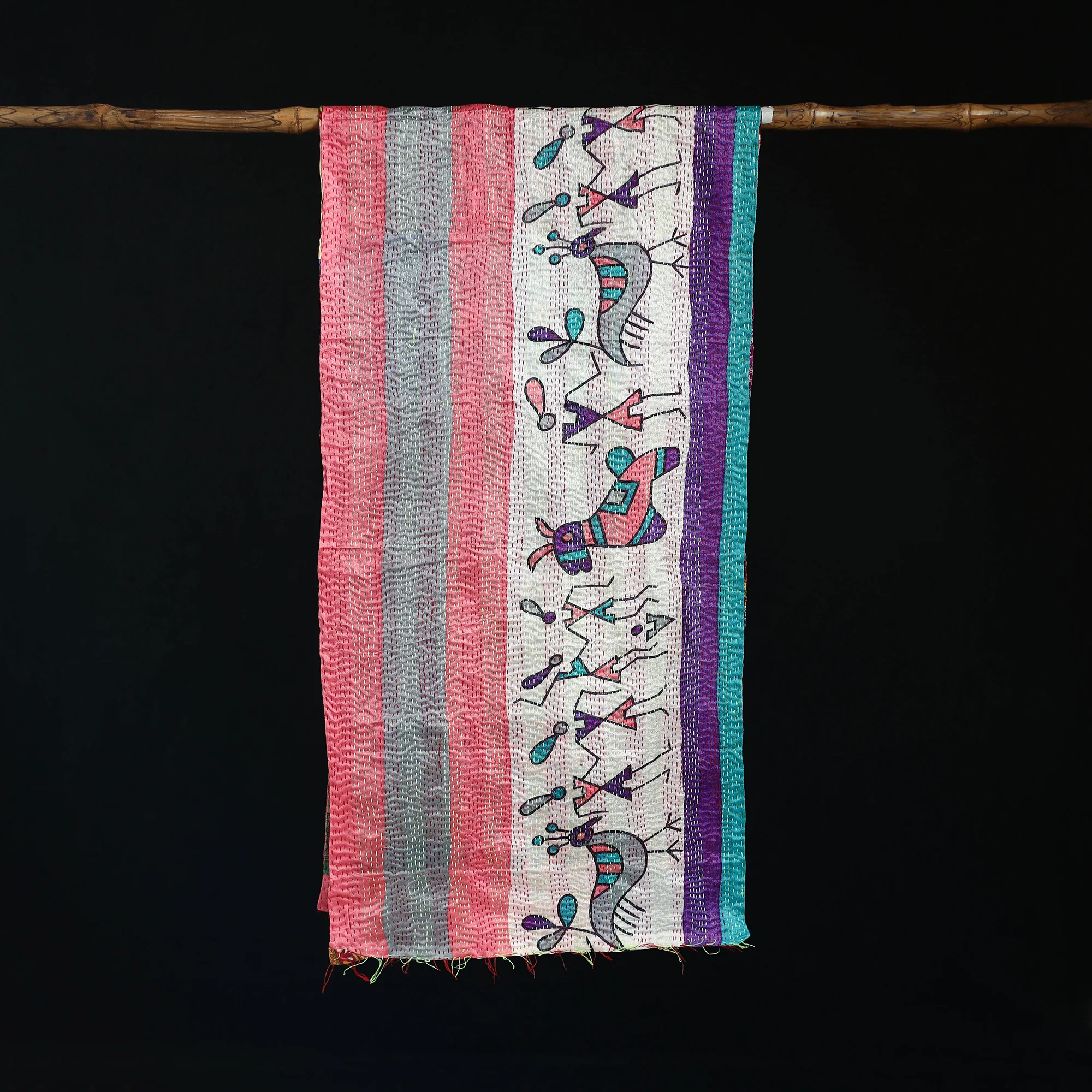Bengal Kantha Handwork Patchwork Reversible Silk Stole 81 - Image 3