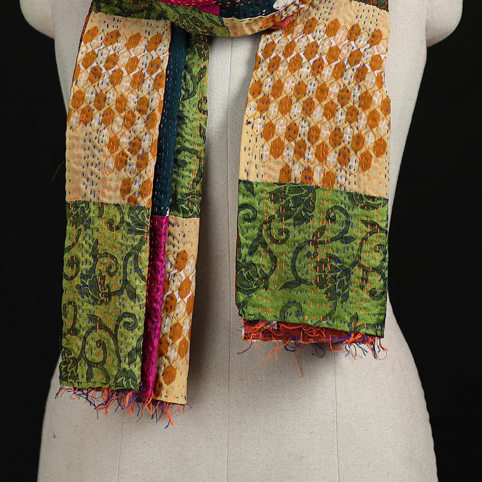 Bengal Kantha Handwork Patchwork Reversible Silk Stole 83 - Image 2